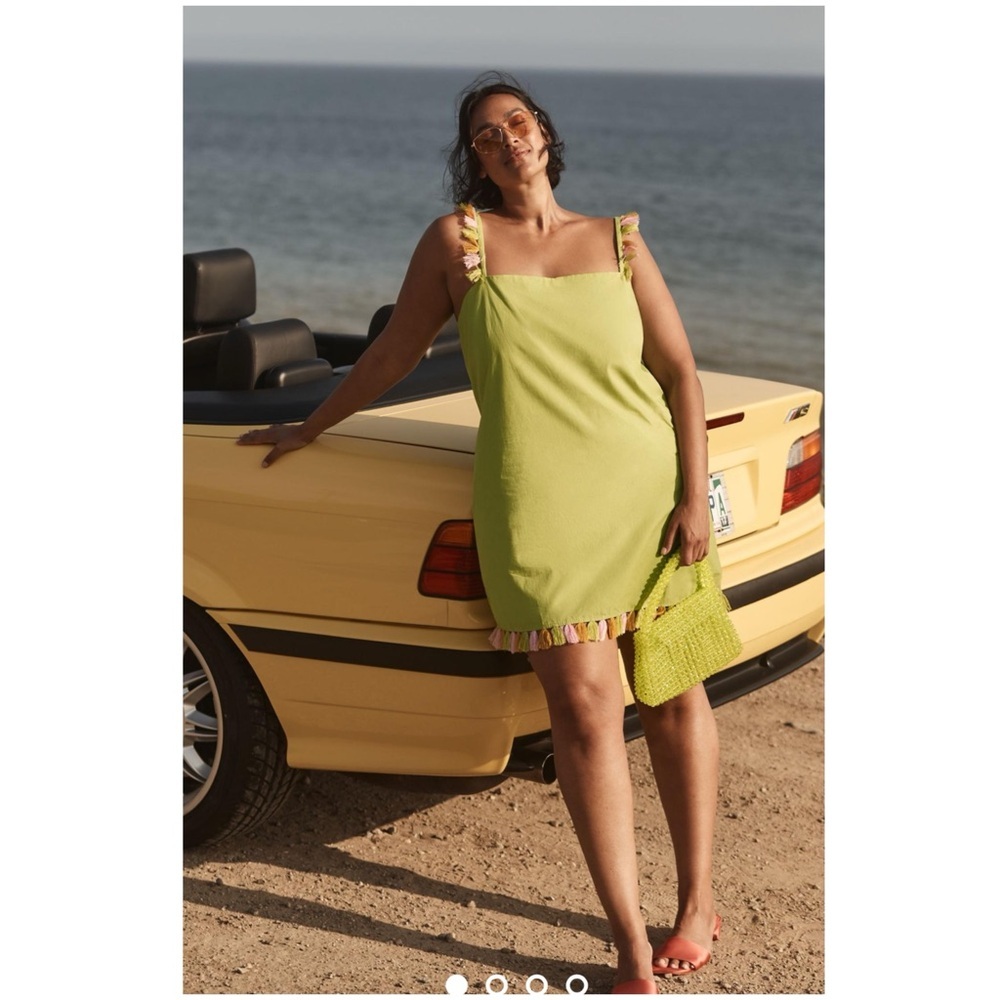 New Anthropologie The Hartley Shift Mini Dress Lime Green Pink Fringe petite - Picture 4 of 4